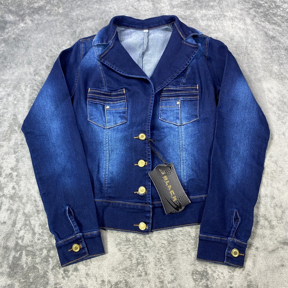 Womens Denim Jacket Womens Small Blue Gold Buttons Pockets Fade Wash Moto Y2K